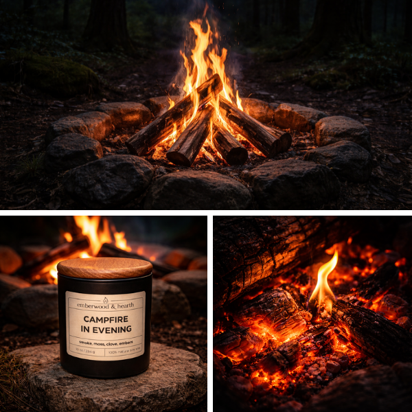 Campfire in Evening candle in a dim setting evoking low fire, smoke, moss, and glowing embers