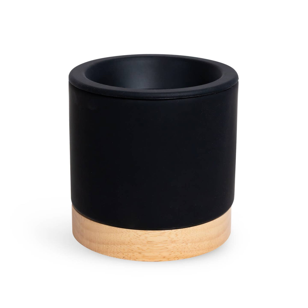 Matte black ceramic wax melt warmer with a real wood base and removable silicone dish