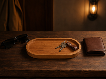 Cherry catch all tray on a dark wood entryway console holding keys on a leather fob, with a folded leather wallet and sunglasses nearby