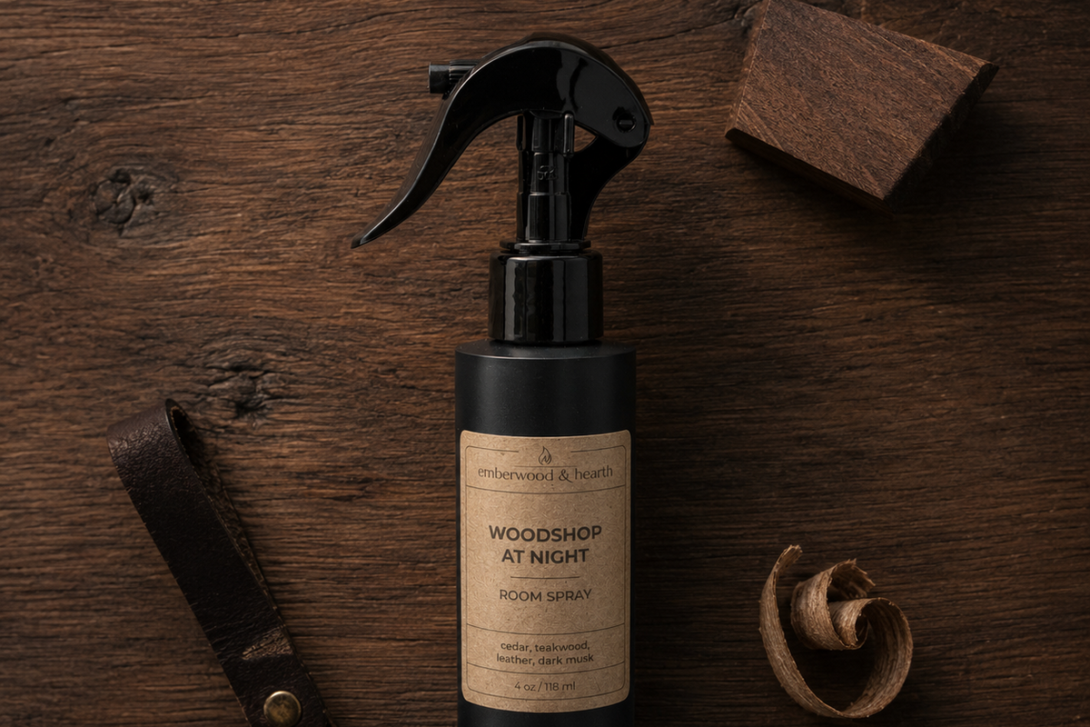 Woodshop at Night room spray, 4 oz matte black plastic bottle, shown flat